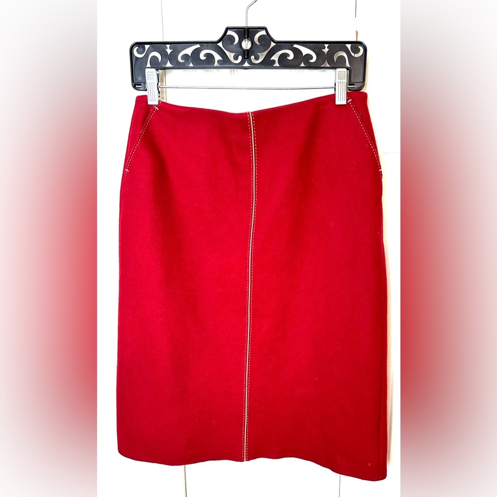 Vintage J.CREW A-Line Skirt Wool Blends Red Maroon Tan Piping Stitching Pockets
